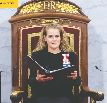  ?? SEAN KILPATRICK / POOL / AFP VIA GETTY IMAGES ?? Gov. Gen. Julie Payette, delivering the Throne Speech in December, can be a difficult boss, according to staff at her former workplace.