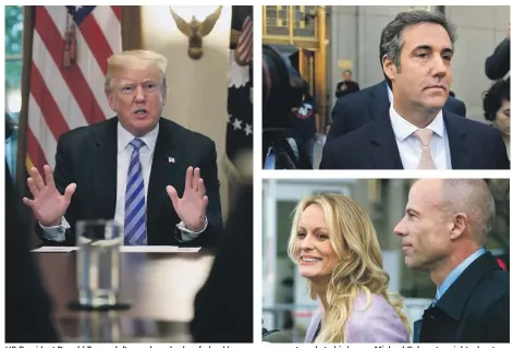  ?? Bloomberg; AP ?? US President Donald Trump, left, may have broken federal laws over payment made to his lawyer Michael Cohen, top right, about money paid to silence actress Stormy Daniels, seen with her lawyer, Michael Avenatti