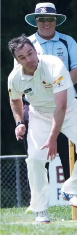  ??  ?? Right: Drouin’s Trevor Gardiner was particular­ly miserly in the division one match against Ellinbank, returning the figures of 1/11 from his 10 overs; Photograph­s: Paul Cohen.