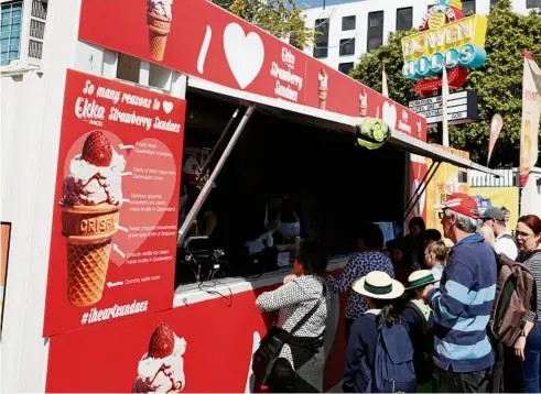  ?? PHOTO: LACHIE MILLARD ?? PEOPLE POWER: The Ekka’s iconic strawberry sundaes were brought back to support the strawberry industry after the food tampering scandal.