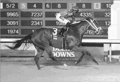  ?? COADY PHOTOGRAPH­Y ?? My Destiny, winning the Orleans at Delta Downs in January, drops into a starter allowance.