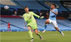  ??  ?? Gabriel Jesus lifts Manchester City’s second goal over Thibaut Courtois. Photograph: Simon Stacpoole/Offside/Getty Images