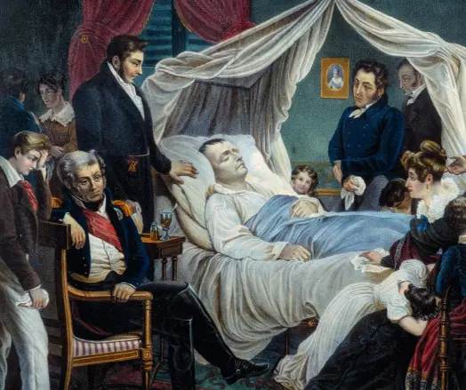  ??  ?? La Mort de Napoléon, le 5 mai 1821 à Sainte-Hélène, lithograph­ie de Jean-PierreMari­e Jazet (1788-1871).