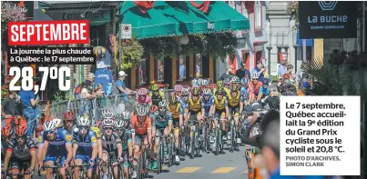  ??  ?? Le 7 septembre, Québec accueillai­t la 9e édition du Grand Prix cycliste sous le soleil et 20,8 °C. PHOTO D’ARCHIVES, SIMON CLARK