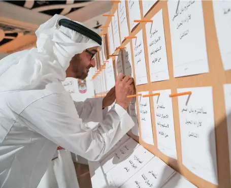  ?? Mohamed Al Hammadi / Crown Prince Court – Abu Dhabi ?? Sheikh Mohammed bin Zayed, Crown Prince of Abu Dhabi and Deputy Supreme Commander of the Armed Force, writes a pledge for the Government initiative ‘Tomorrow’s leaders are making the future’