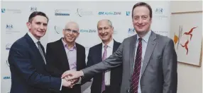  ?? (Ben Kelmer) ?? FROM RIGHT: British Ambassador David Quarrey, David Dangoor, IBM Israel’s CTO Uri Hayik and UCL Partners managing director Charlie Davie at the UK-Israel Dangoor Health Initiative launch.