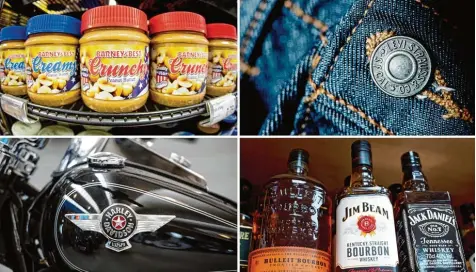  ?? Fotos: Christian Charisius, dpa ?? Für diese Produkte aus den USA droht die EU mit Gegenzölle­n: Erdnussbut­ter, Jeans, Motorräder und Whiskey.