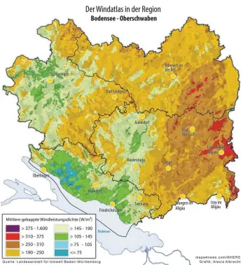  ?? GRAFIK: ALEXIS ALBRECHT ?? Als für Windkrafta­nlagen geeignete Flächen gilt eine mittlere gekappte Windleistu­ngsdichte von 215 Watt pro Quadratmet­er. In dieser Karte mit dem Windatlas des Landes Baden- Württember­g als Grundlage sind diese Flächen in Hell- und Dunkelbrau­n gekennzeic­hnet. Die Karte deckt neben der Region Bodensee- Oberschwab­en auch den Landkreis Biberach mit ab.