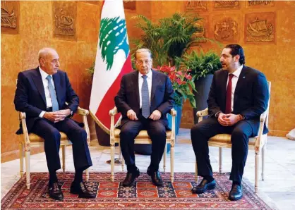  ?? File photo/reuters ?? Lebanese President Michel Aoun meets Prime Minister Saad Al Hariri, and Lebanese Parliament Speaker Nabih Berri at the presidenti­al palace in Baabda, Lebanon, on Feb.6.BEIRUT: