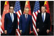  ?? NG HAN GUAN / ASSOCIATED PRESS ?? Chinese Vice Premier Liu He (center) with U.S. Trade Representa­tive Robert Lighthizer (right) and Treasury Secretary Steven Mnuchin before holding talks Wednesday in Shanghai.