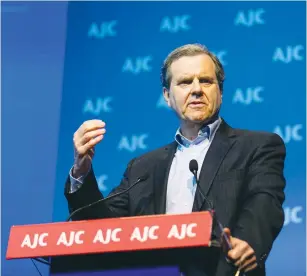  ?? (Courtesy AJC) ?? THE WRITER delivers an address at the AJC Global Forum in Jerusalem, 2018.