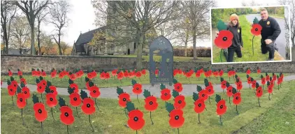  ??  ?? REMEMBRANC­E: The poppies in the memorial garden. Inset, PM training apprentice Luke Steadman and artworks manager Phil Brown with the poppies.