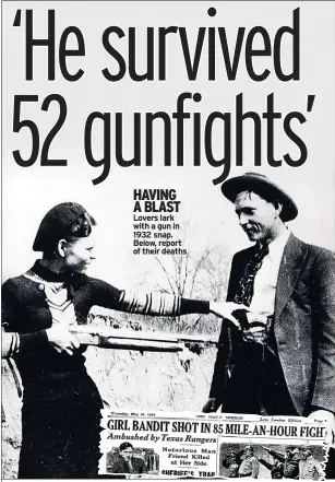  ??  ?? HAVING A BLAST Lovers lark with a gun in 1932 snap. Below, report of their deaths