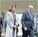  ?? [AP PHOTO] ?? House Democratic leader Rep. Nancy Pelosi of California and Senate Minority Leader Chuck Schumer, D-N.Y., speak with reporters after a meeting with President Donald Trump on border security Wednesday at the White House in Washington.
