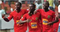  ??  ?? Some Asante Kotoko players celebrate a goal during a league match