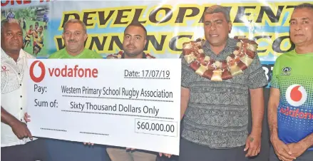  ?? Photo: Waisea Nasokia ?? From left: Atekini Duaibe, Western Primary Schools Associatio­n president Joeli Bulu, Vodafone ICT sales executive Vincel Pickering, Education officer west Josefa Gavidi and Kombat Apparel managing director Koji Tokito at the Capricorn Hotel in Nadi on July 17, 2019.