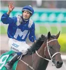  ?? Pictures / Getty Images ?? Hugh Bowman and Winx wrap up the mare’s 15th straight victory in the A$600,000 Chipping Norton Stakes at Royal Randwick on Saturday. Above: Hugh Bowman gives his trademark winning salute.