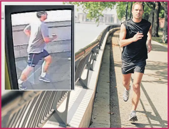 ??  ?? FAST AND FURIOUS: Running by the Thames should relieve stress but not for the man, inset, who was seen shoving a woman out of his way