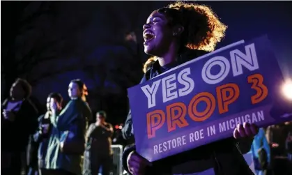  ?? Photograph: Evelyn Hockstein/Reuters ?? Jaelynn Smith, a freshman at Michigan State University, at a rally on election night last month. Proposal 3 was a ballot measure that will now codify abortion rights in Michigan.