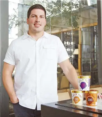  ?? Courtesy of Halo Top Creamery ?? Halo Top Creamery president and COO Doug Bouton poses for a photo with tubs of ice cream after an interview with The Korea Times at the Grand Hyatt Hotel Seoul, Aug. 21.