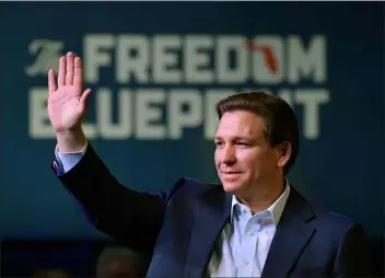  ?? RON JOHNSON — THE ASSOCIATED PRESS ?? Florida Gov. Ron Desantis waves to the crowd as he attends a campaign event Friday, March 10, 2023, in Davenport, Iowa.