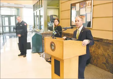  ?? Tyler Sizemore / Hearst Connecticu­t Media ?? First Selectman Fred Camillo presents updates on the coronaviru­s in town at the Public Safety Complex in Greenwich on March 17.