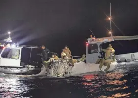  ?? PROVIDED BY U.S. NAVY SPECIALIST 1ST CLASS TYLER THOMPSON ?? U.S. sailors recover a high-altitude surveillan­ce balloon off the coast of Myrtle Beach, S.C., on Feb. 5.