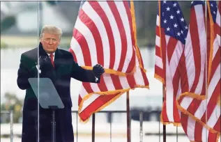  ?? Tasos Katopodis / TNS ?? President Donald Trump greets the crowd at the “Stop The Steal” rally on Jan. 6 in Washington, D.C. The ensuing breach of the U.S. Capitol led to his second impeachmen­t.