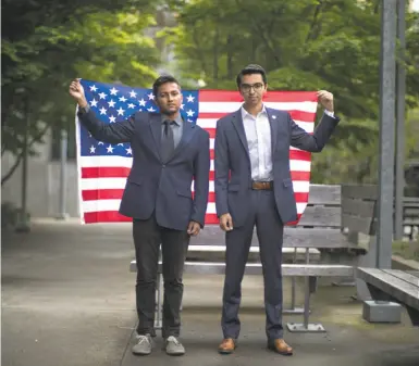  ?? Paul Kuroda / Special to The Chronicle ?? Pranav Jandhyala, 19 (left), is co-founder of BridgeCal, which seeks to bridge the political/ideologica­l divide at UC Berkeley. Naweed Tahmas, 20, is a member of the Berkeley College Republican­s.