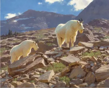  ??  ?? Tucker Smith, Glacier Goats, 1991, oil on canvas, 30 x 26” Estimate: $30/50,000