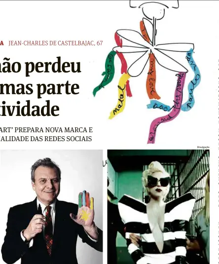  ?? Divulgação ?? Em sentido horário, o estilista Jean-Charles de Castelbaja­c; a cantora Lady Gaga em “Telephone”; vestido de verão 1984, uma homenagem a Andy Warhol; bispos com batina criada pelo designer para o Dia Mundial da Juventude, em 1997; e o papa João Paulo 2º...