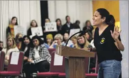  ?? Gina Ferazzi Los Angeles Times ?? PARENT JESSICA NETTLES speaks out against this month’s firing of Supt. Gunn Marie Hansen at the Orange Unified Board of Education meeting last week.