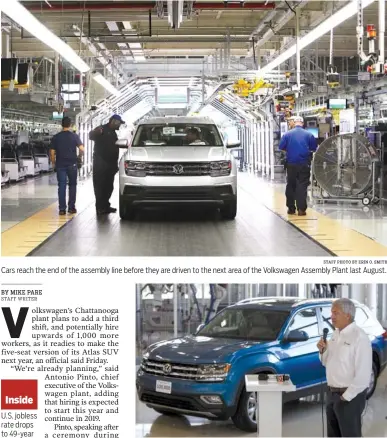  ?? STAFF PHOTO BY ERIN O. SMITH STAFF PHOTO BY C.B. SCHMELTER ?? Cars reach the end of the assembly line before they are driven to the next area of the Volkswagen Assembly Plant last August. Doug Bartow, senior vice president of strategy and new products at Volkswagen, speaks Friday during a news conference at the Volkswagen Academy.