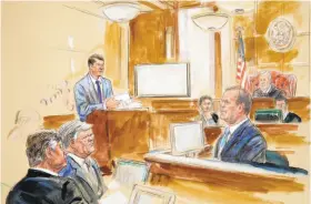  ?? Dana Verkoutere­n / Associated Press ?? Former Trump campaign chairman Paul Manafort (far left) with his lawyer Kevin Downing at Manafort’s trial in federal court.