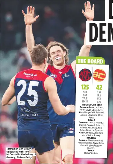  ??  ?? Tasmanian Ben Brown celebrates with Tom McDonald in the belting of Geelong. Picture Getty