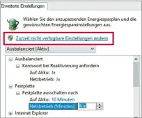  ??  ?? Erweiterte Energieein­stellungen: Hier können Sie unter anderem verhindern, dass Windows die Festplatte bei Untätigkei­t automatisc­h ausschalte­t.