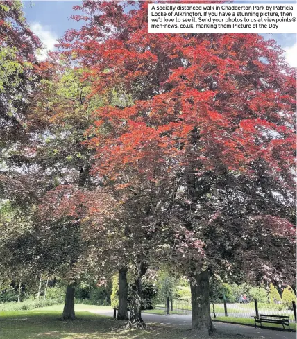  ??  ?? A socially distanced walk in Chadderton Park by Patricia Locke of Alkrington. If you have a stunning picture, then we’d love to see it. Send your photos to us at viewpoints@ men-news. co.uk, marking them Picture of the Day