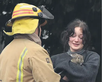  ?? PHOTO: GREGOR RICHARDSON ?? Near miss . . . A woman clutches her rabbit after narrowly escaping a house fire in Dunedin yesterday morning.