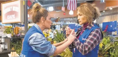  ?? BARRY WETCHER/ STX FILMS ?? Leah Remini (left), and Jennifer Lopez star in ‘Second Act.' In the film, Lopez's business savvy character gets a shot to prove herself to Madison Avenue's elite thanks to an embellishe­d resume.