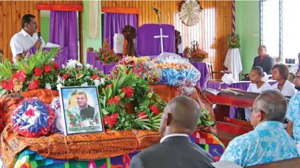  ?? Photo: Ministry of Employment ?? Minister for Employment Parveen Bala (left), speaking at the funeral of former Lautoka City Council chief executive officer Jone Nakauvadra at the Namena Methodist Church in Tailevu on March 31, 2021.