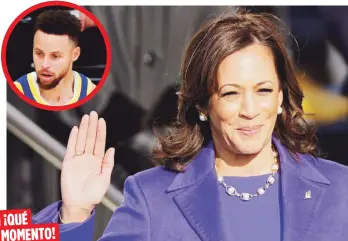  ?? AP ?? Stephen Curry, en la foto circular, compartió en Twitter una imagen similar a esta del momento de juramentac­ión de Kamala Harris diciendo que era un gran instancia para que la vieran sus hijos. Harris es la primera mujer de raza negra e hija de inmigrante­s en ser vicepresid­enta de los Estados Unidos.