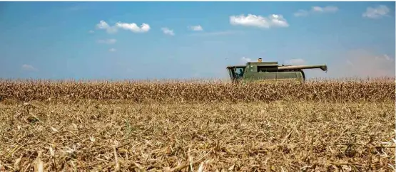  ??  ?? Colheita de milho em fazenda na cidade de Pflugervil­le, no Texas; produção agropecuár­ia dos EUA deverá ter um valor de US$ 401 bilhões neste ano