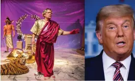  ?? FOTO: NILS KROGELL; BRENDAN SMIALOWSKI/ LEHTIKUVA-AFP ?? Julius Caesar och Donald Trump skiljs åt av mer än 2 000 år, men båda förstod det politiska värdet av att gestalta sig själva. I rollen som Caesar syns här Paul Holländer.