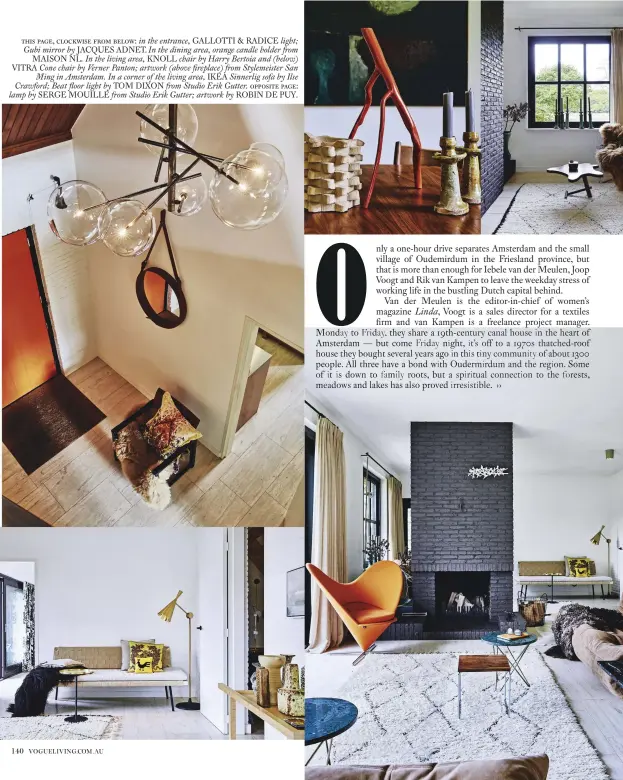  ??  ?? this page, clockwise from below: in the entrance, GALLOTTI & RADICE light; Gubi mirror by JACQUES ADNET. In the dining area, orange candle holder from MAISON NL. In the living area, KNOLL chair by Harry Bertoia and (below) VITRA Cone chair by Verner...