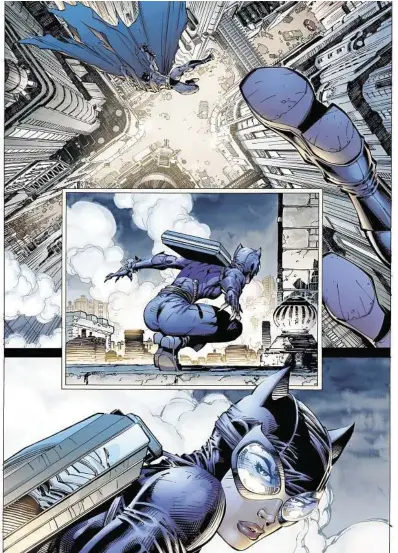  ?? DC / New York Times ?? A page from “Batman: Hush,” in which Alex Sinclair digitally colored the main characters and painted watercolor background­s by hand. Computers have broadened the options for comic book illustrato­rs.