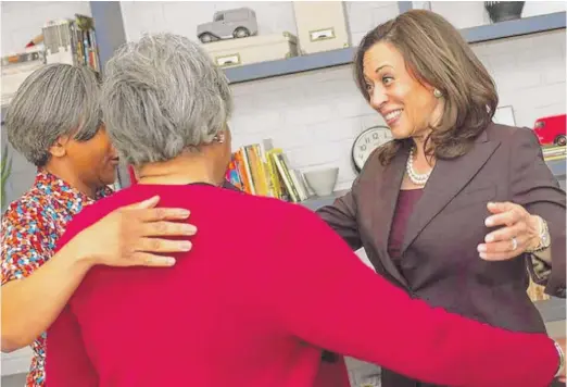  ?? PROVIDED PHOTOS ?? Democratic vice presidenti­al nominee Kamala Harris, then running for president, greets supporters including fellow Alpha Kappa Alpha member Josephine Perry (front) at a 2019 Chicago fundraiser. Perry is among dozens of area women, many of them AKAs, who launched “Women 2 Win” in support of Harris.