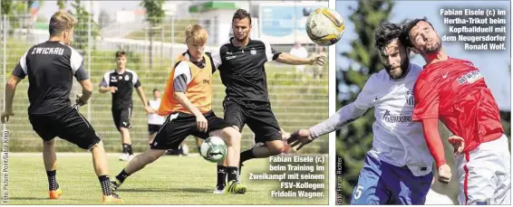  ??  ?? Fabian Eisele (r.) beim Training im Zweikampf mit seinem
FSV-Kollegen Fridolin Wagner. Fabian Eisele (r.) im Hertha-Trikot beim
Kopfballdu­ell mit dem Neugersdor­fer
Ronald Wolf.