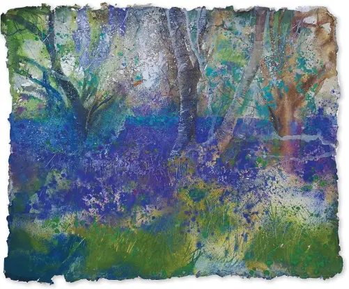  ??  ?? Bluebell Wood, handmade paint using raw pigments on Two Rivers handmade paper, 16½320in (42351cm). This Two Rivers paper has gorgeous ragged edges