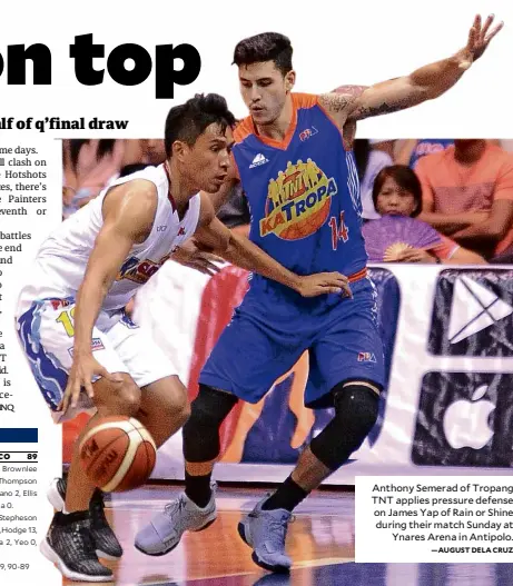  ?? —AUGUST DELA CRUZ ?? Anthony Semerad of Tropang TNT applies pressure defense on James Yap of Rain or Shine during their match Sunday at Ynares Arena in Antipolo.