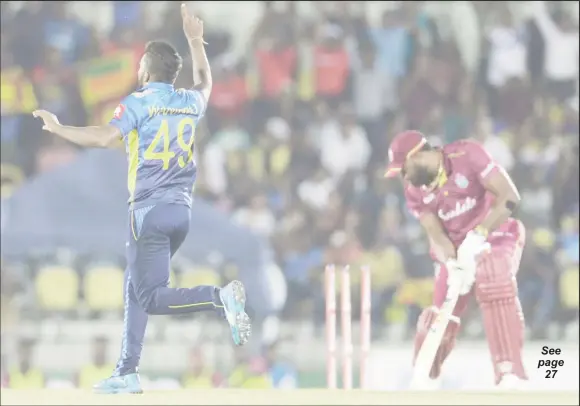  ??  ?? West Indies skipper Kieron Pollard is bowled all ends up by Wanindu Hasaranga as the West Indies suffered a heavy defeat in the second ODI yesterday to lose the series.